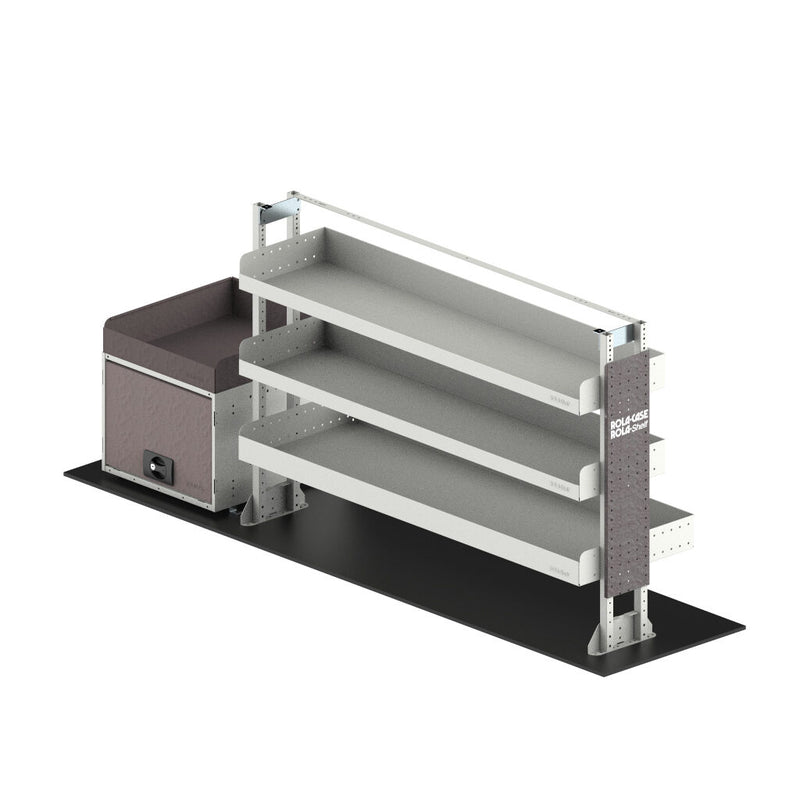 Metal shelving unit with multiple shelves on a white background