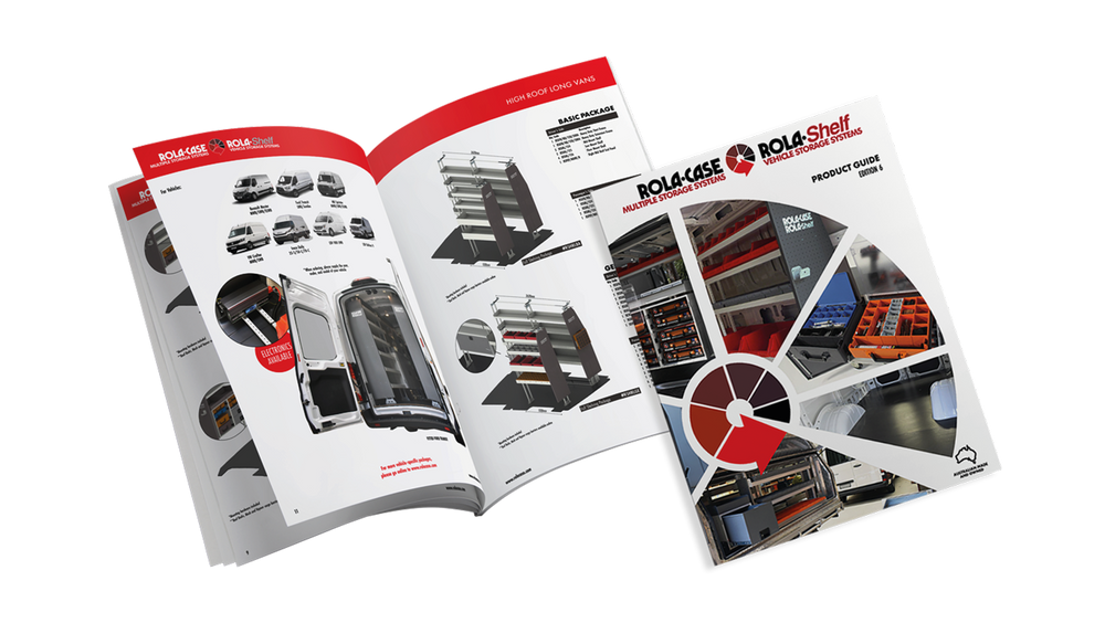 RolaCase and RolaShelf Product Guide brochure, cover and open van fitout pages
